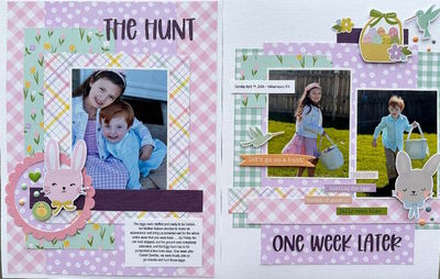 The Hunt - One Week Later 
April Crop Challenge #5 at Sketch N Scrap - 6x8 sketch, but I chose to make it an 8-1/2 x 11 layout instead.

Journaling - The eggs were stuffed and ready to be hidden, but Mother Nature decided to make an appearance and bring us torrential rain for the whole entire week that you were here . . . by Friday the rain had stopped, but the ground was completely
saturated, and the Egg Hunt had to be postponed a few more days. One week after Easter Sunday, we were finally able to
go outside and hunt those eggs. Sunday April 7th, 2024 – Williamsport, PA
