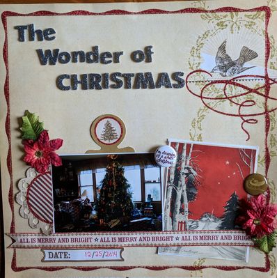 December 9th challenge .... A vintage wonder
The wonder of Christmas.

I used a vintage Christmas card in my layout (70 plus years old)  I also used red and glitter.
Keywords: Vintage, bling,flowers