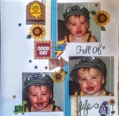 APRIL 17 CHALLENGE -- SPRING CLEANING!
 I used old alpha, sunflower stickers, 4 shaped stickers used for Valentines
