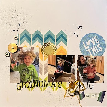 Grandma's wig
June 7 challenge:  Eeyore
Keywords: string;ribbon;ink splatters, metal;buttons;washi tape