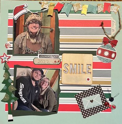 SMILE
April 1 challenge C L U E
Keywords: Christmas;lined paper;string Under the flags, envelope;evergreen tree;buttons;hat