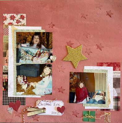 Christmas Eve
Jan 17, 2026 challenge
Keywords: stars;hearts;paper scraps;stamping;presents;thread;gold