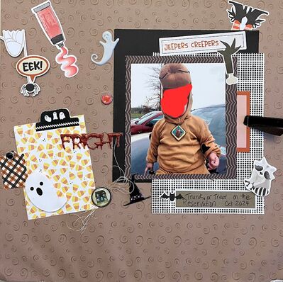 Fright
February 1, 2025 Challenge
Keywords: hooded costume;red;stickers;ephemera;brads;Halloween;string;racoon