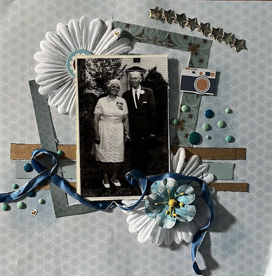 Great Grandma and Grandpa
Monday 4/8 sketch & book cover challenge
Keywords: stars;flower;paper strips;paper frames;pop dots;camera;ribbon;hearts;chipboard