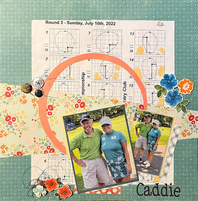 Caddie
7-7-23  All about Alice challenge
Keywords: 6 flowers;2 photos;orange;blue;green;white;smiles on the faces;buttons;thread