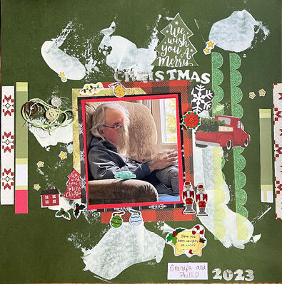 We wish you a merry christmas
6/7 challenge  Eye challenge
Keywords: 5 pp;gesso;stickers;scrap papers;stars;string;buttons