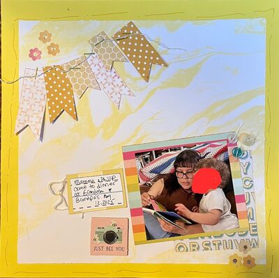 Bee You
June 25,25 challenge:  cheddar
Keywords: yellow;flags;string;buttons;flower stickers;string;doodling