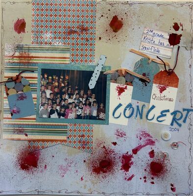 Christmas Concert
February 9, 2026 challenge
Keywords: cursive writing;ink splatters;stickers;tags;red, blue, black, pp, arrow, buttons, doodling;twine;ribbon;stickers;heart