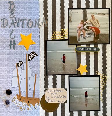 Daytona Beach
Jan 23 challenge
Keywords: old ship paper;stars, buttons;glitter glue;gold netting;buttons;stickers;brown