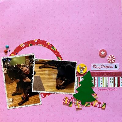 Merry Christmas 
Jan 6th sketch challenge
Keywords: circle;pop dots;ribbon;Christmas;cardboard;brad;fussy cutting;dog