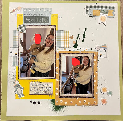 Happy Little Dude
May 12, 2025 sketch challenge
Keywords: border punch;ink splatters;cardboard embellishments;stickers;hearts;inked edges;eyelets;faux stitching;staples