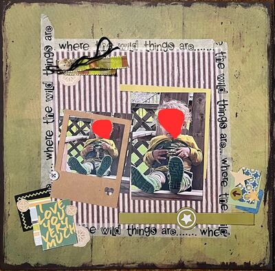 Where the wild things are
June 21 Challenge 
Keywords: embellishment clusters;washi tape;string;ribbon;buttons;stickers;stickers;stars;fussy cutting