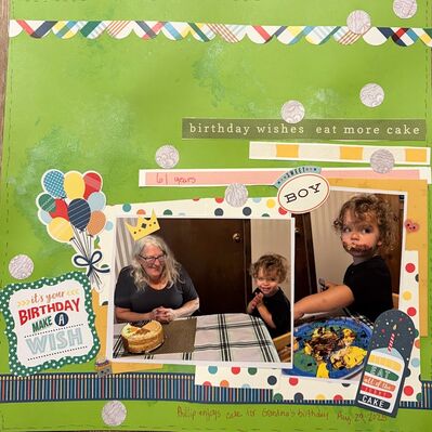 birthday wishes   eat more cake
December 3, 2025 challenge
Keywords: paper strips;circles;stencil;ink;faux stitching