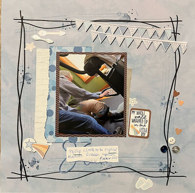 My whole world wrapped up in one little boy
July 16 challenge:  EXTRA
Keywords: fussy cutting;stamping;layers of paper;buttons;hearts;twine;staples;cardboard;stars;arrows;free drawing