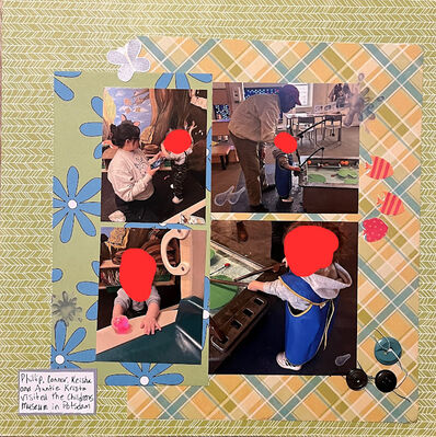 Children's Museum
Saturday 7/19 challenge
Keywords: diagonal striped paper;old stickers;paper layers;fussy cutting;fish;buttons