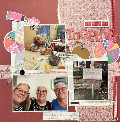 Sisters Together
4/4/25 Miss Scarlet challenge
Keywords: red;stickers;thread;torn paper edges;chipboard alphas;buttons;tag;ribbon