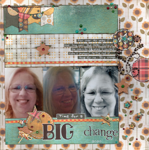 Big Change R
For the past 40 years (or maybe longer!) I’ve had long hair – at least shoulder length and down to the middle of my back.  After living in our cabin in the woods for 3 ½ years I decided it was time to chop it all off!  My friend Tia did the honors and now it’s MUCH easier to handle!  My husband had never seen me with short hair.  Thankfully he likes it!
Materials – Sketch – Debbie Sanders; Patterned Papers – Jen Hadfield, Basic, Grey, Unknown; Cork Stars, Baker’s Twine, Bling Swirl – From an SG Kit; Large a
Keywords: Change;Book of Me;Nuvo Drops