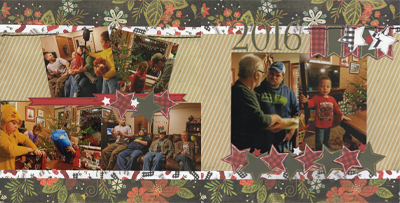 Christmas 2016
Our first Christmas back in Alaska was spent in Ketchikan with our family.  
Materials – Sketch – Debbie Sanders; Patterned Papers – Basic Grey, Echo Park; Embroidery Floss – Cado; Pens – Uniball Signo, Sharpie; Title (ZP Sister Troll Font) and Large Stars cut on Silhouette
Keywords: Christmas;Holiday;Stars;Family;Banner