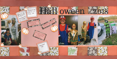 Halloween 2018
Actually these are 2019 pictures so I'll have to find a way to fix this.  :)  My BFF Sandra and her granddaughter Excie are on the left page.  The other page is 3 of our 5 grandkids.  I need to find out what the 2 younger ones' characters are.  :)  I used an Allison Davis sketch for this one.
Keywords: Halloween;Scraps;Costumes