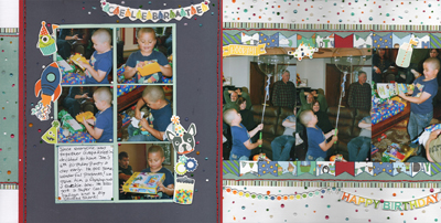 Joe's 6th Birthday Gifts
These are pictures of our youngest grandson celebrating his birthday in 2019.  
My style is like this 2 pager.  I love using sketches.  I love inking and I love color.  I also enjoy using a lot of pictures when I have them.
Materials – Cardstock – Bazzill, Echo Park, GCD Studios; Patterned Paper – Fancy Pants, PhotoPlay; Chipboard Stickers – PhotoPlay; Ink – Ranger Distress Mini “Faded Jeans”; Embroidery Floss – LOVIMAG; Enamel Dots – Nuvo Crystal Drops “Simply White”, “Woodland Green”, “Rhubarb Crumble”, “
Keywords: Birthday;Boy;Gifts;Celebration;Nuvo Drops;Distress ink;PhotoPlay