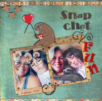 Snapchat Fun
These are pictures of my BFF and her granddaughter.  They took silly SnapChat pictures trying to make me feel better when I had an asthma attack.  One of the pictures has a sloth hugging them so I found a sloth die cut in the Silhouette store and put it on the page.  I used lots of Nuvo Drops to decorate.
Materials – Kit from Scrapbook Generation; Cardstock – Bazzill; Title cut on Silhouette using Broadway and Ravie fonts; Ink – Ranger Distress Mini “Ground Espresso”; Nuvo Drops “Carmel Cream” Crystal Drops
Keywords: Enamel Dots;Paper Punched Circles;Snapchat;Fun