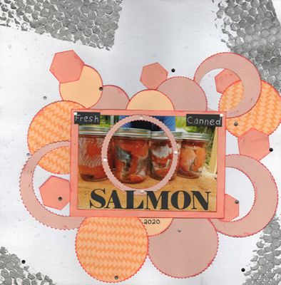 Salmon
This is some of the salmon we caught and canned last year.  The layout is based on a Missy Whidden layout.  I used my Silhouette to cut the circles.  The stencil was a Tim Holtz mini stencil and I used Gunmetal Grey Nuvo Embellishment Mousse.  The background is sprayed with Glimmer Mist too.  And everything is inked with Ranger Distressed Mini "Abandoned Coral" ink
Keywords: Salmon, Fish, Nuvo, Mousse, Mist, Glimmer, Messy, Stencil, Circles