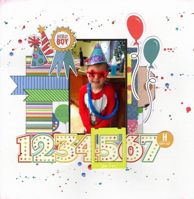 Birthday Boy
Photo of sweet little grandson Evan on his 5th birthday, January 2019. 

I used - 
Photoplay 'Confetti' pp's
Pebbles, Simple Stories Frames
Carta Bella Enamel Dots
Fancy Pants Ephemera
Keywords: Birthday Boy