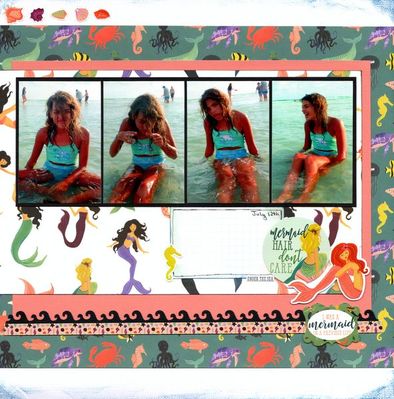Mermaid Hair Don't Care
Photos of sweet little granddaughter Lucy on our recent vacation to Siesta Key, FL. (July 2020)

I used - 
Echo Park 'Mermaid Tales' pp's, Stickers
Project Life Journal Card
Keywords: Mermaid Hair Don&#039;t Care