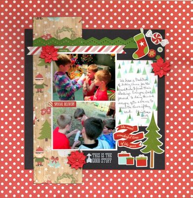Traditions
Photos of the grandsons reading their clues to find their Christmas stockings. 

I used - 
Echo Park 'I Love Christmas' pp's, Stickers
The Paper Studio Poinsettias
Pinkfresh Studio Journal Card
Keywords: Echo Park