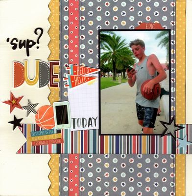 'sup? Dude
Photo of sweet grandson Marcus taking a moment from basketball to check his phone. LOL (July 2020)

I used - 
Simple Stories 'Bro & Co.' pp's, Foam Thickers, Stickers
Echo Park 'Teen Spirit Boy' Stickers
Project Life Journal Card
Keywords: &#039;sup? Dude