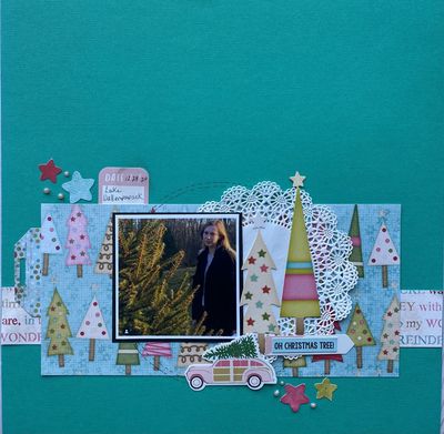 For the January 4th Sketch using an older My Mind's Eye Christmas collection. "Merry" and a recent photo of my granddaugher helping her parents pick our their Christmas tree.  Doesn't she look thrilled! 
