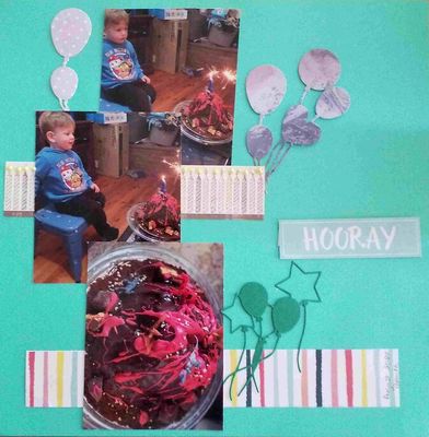 Monday 10th: " Just like Grandma use to make " Banana Bread" 3 different Papers, 2 or more photos, shaped, Emblishments,  Splatters, Sketch
