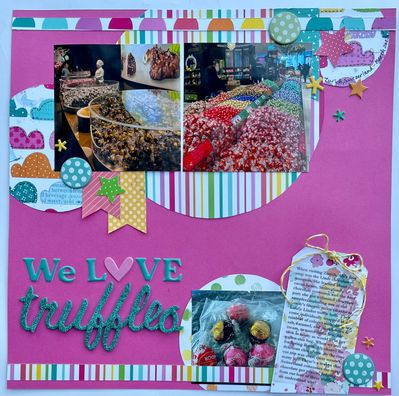 We Love Truffles
Page about my daughter’s visit to the Lindt chocolate museum in Switzerland…and the free samples she got! I used a sketch by Rochelle Spears.
