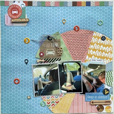 Road Trip
This page is about how we spent our time (hours and hours!) in the car during our August road trip to multiple national parks. I love the old Pagemaps sketch that Jan posted on the message board. This page uses all stash items - Amy Tangerine Ready Set Go, bits of PinkFresh Super Cool, Pink Paislee, and an old Citrus Twist kit.
