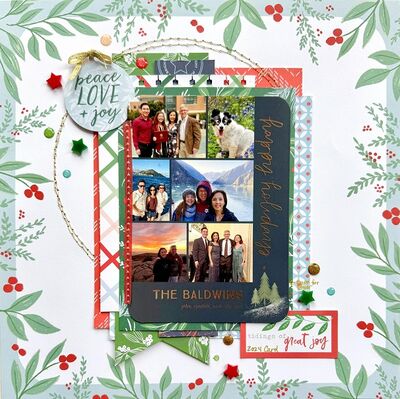 Peace Love + Joy
I always keep a copy of our holiday card for our family album. Yes, this is Shutterfly - don't judge. ;-)
I used a lot of stash on this one. There's washi holding down the card so you can "open" it up. The back of the card has a short family update.
